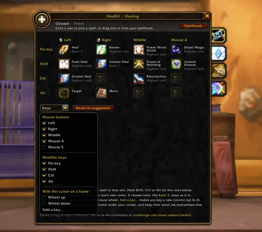 The HealKit Healing tab: heals on Left, Right, Middle and Mouse 4, with Shift, Ctrl and Alt rows and a Keys menu