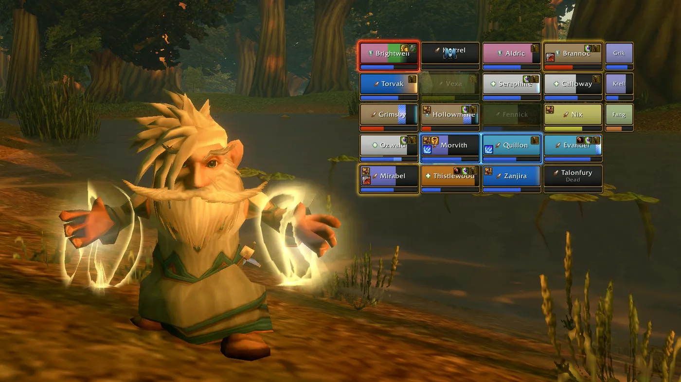 HealKit raid frames for 20 players in four groups, with pets in their own column